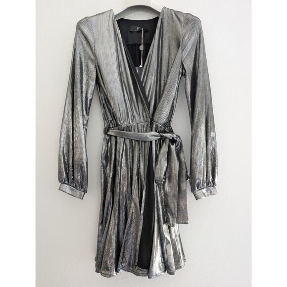 Feleppa Silver Mini Dress IT 38 US XS Tie Waist Metallic Italian Party Cocktail - Picture 2 of 9